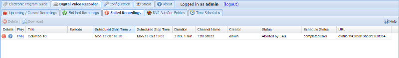'Failed Recordings' Tab