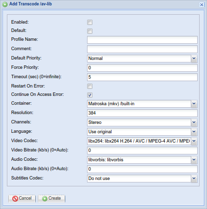 'Add/Edit Stream Profiles' Dialog - transcode